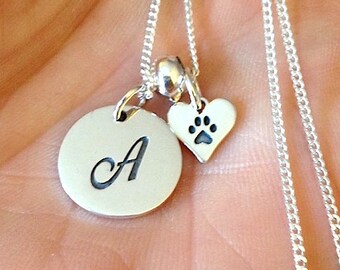 Dog Paw Necklace / Cursive Initial Sterling Silver Charm Personalized / Honor Pet Loss Memorial Jewelry / Tiny Heart Pendant Necklace