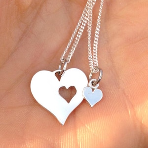 925 Sterling Silver Mother Daughter Heart Necklace Set / Pendant Sisters Best Friends / Love Hearts Valentines Jewelry 1398