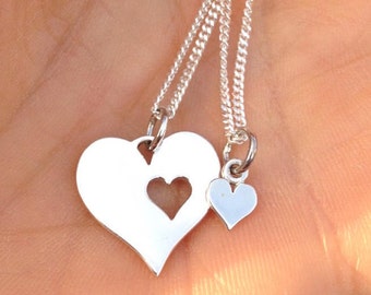 Sterling Silver Mother Daughter Heart Necklace Set: Valentines Jewelry