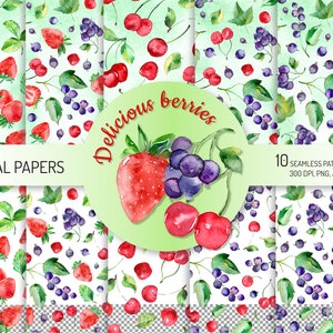 SEAMLESS Akwarela Pyszne jagody cyfrowy papier pakiet | truskawka, czarna porzeczka, wiśnia scrapbooking | wzory jagód, tło