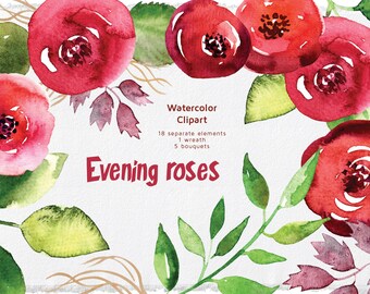 Watercolor Burgundy Roses | Watercolour Flowers Clip Art set | Marsala flowers | Hand drawn | boho wedding graphics | invitations | PNG