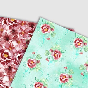 Watercolor Marsala Flowers and Mint Cactus Succulents Digital Paper ...