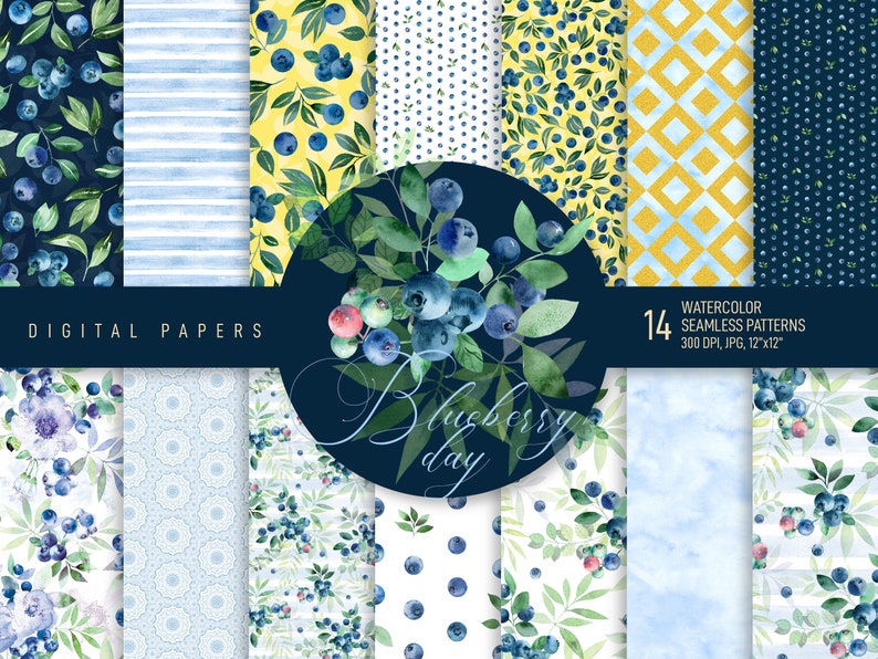 scrapbooking wild berries patterns blueberry and flowers bouquets SEAMLESS Watercolor Blueberries digital Paper Pack background