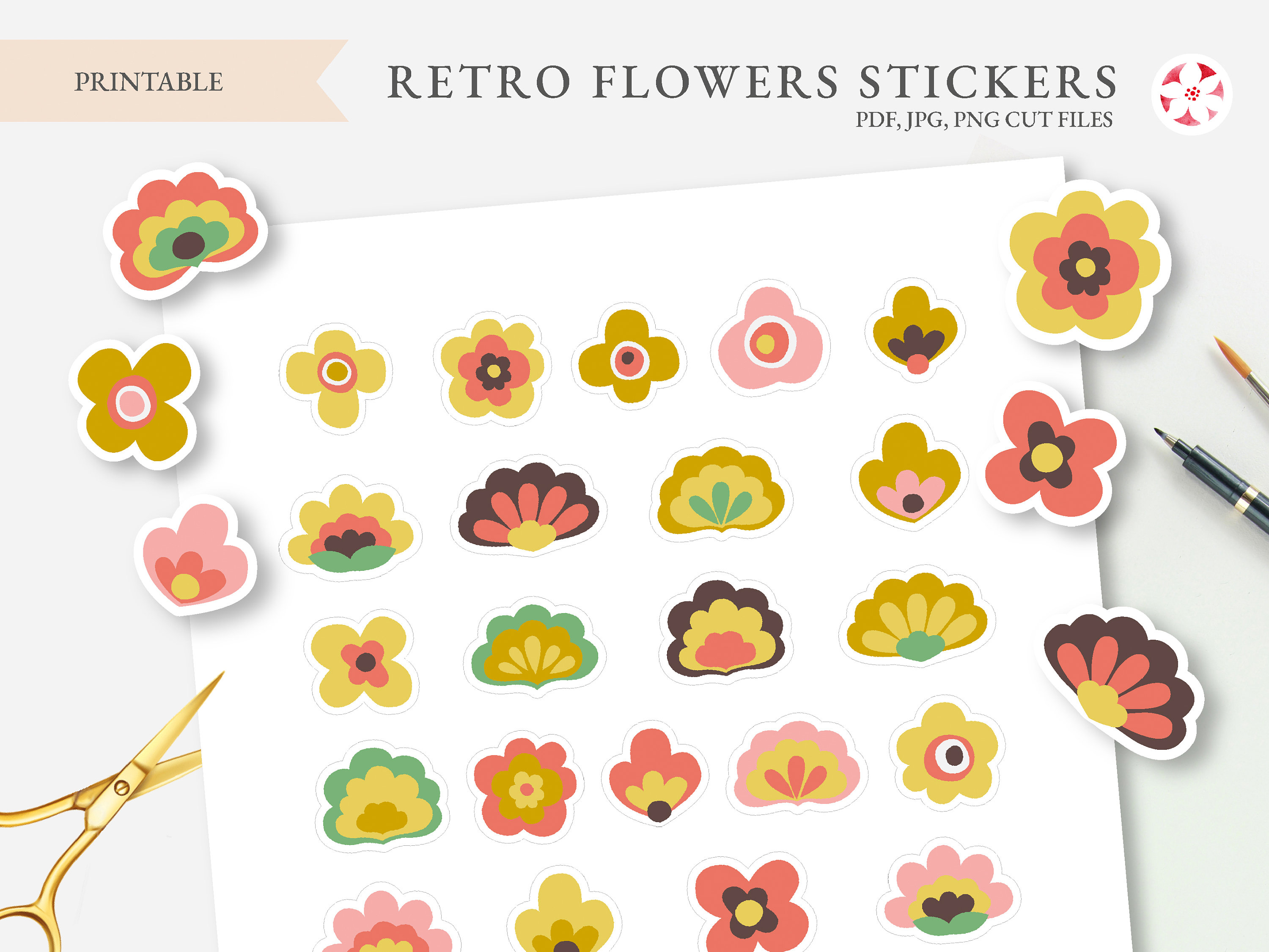 Retro Flowers Stickers, Vintage Printable Bullet Journal Stickers ...