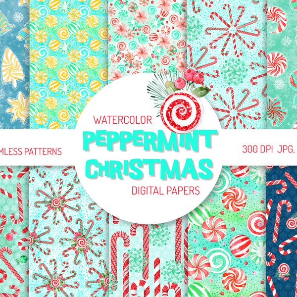 Watercolor Peppermint Candy Cane Digital Paper Pack |  Christmas Candy seamless Patterns | Holiday Scrapbook papers | wrapping paper set