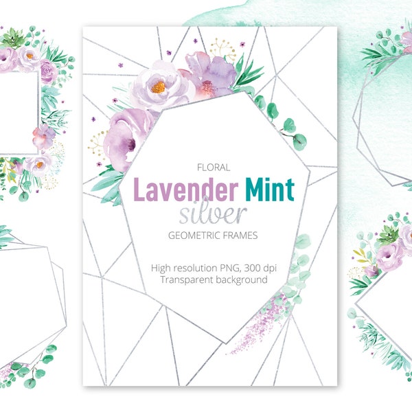 Mint Lavender Floral Geometric Silver Frames, Premade clipart, Instant download Wedding invitation, desert, polygonal, crystal frames