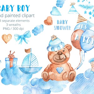 Baby Boy Clipart Set Watercolor New Baby Clip Art Hand Drawn Baby Illustration Baby Shower Teddy Bear Newborn Clipart Baby Announcement