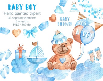 Baby Boy Clipart Set Watercolor New Baby Clip Art Hand Drawn Baby Illustration Baby Shower Teddy Bear Newborn Clipart Baby Announcement