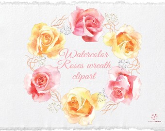 Watercolor Roses wreath | Floral Clipart | Watercolour Flowers wreath | Hand Painted Wedding graphics | pastel roses | invitations