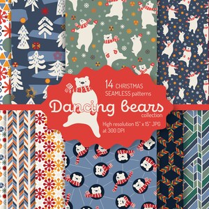 Christmas Digital Paper Pack | Holiday Seamless Patterns with bears | Repeatable Instant Download | Scrapbooking | Christmas wrapping