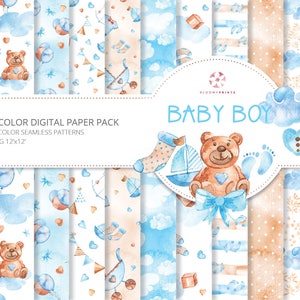 Baby Boy Carte digitali Acquerello Bambino Senza soluzione di continuità Modello disegnato a mano Illustrazione bambino Modello blu Baby Doccia Nursery Sfondo Orsacchiotto