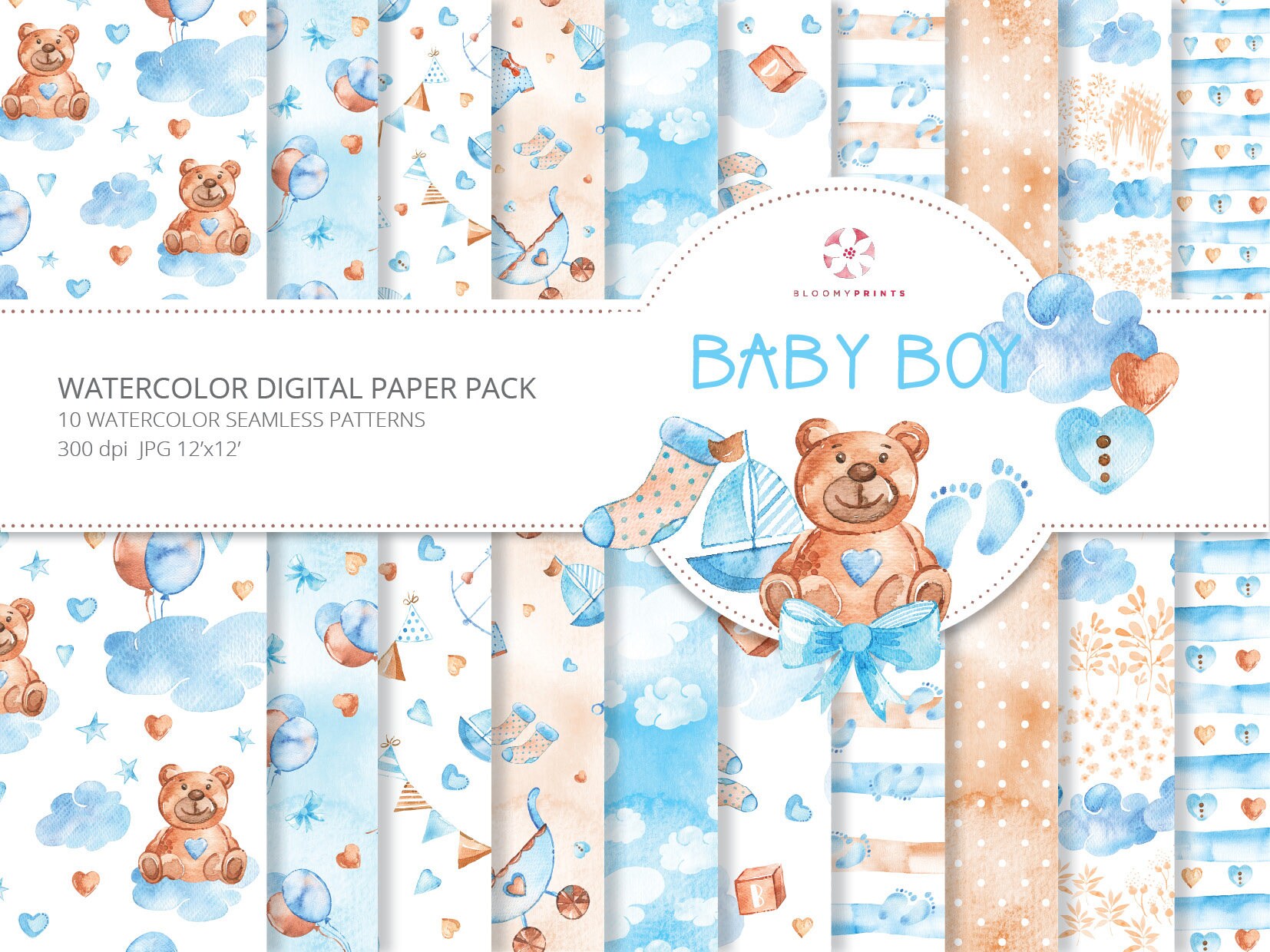 Baby Boy Paper Pack Blue Nursery Digital Background Baby Scrapbook Baby Shower Teddy Bear Toys Seamless Patterns Handpainted Illustration