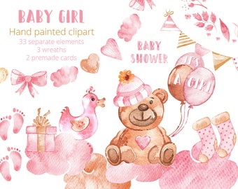 Baby Girl Clipart Set Watercolor New Baby Clip Art Hand Drawn Baby Illustration Baby Shower Teddy Bear Newborn Baby Announcement