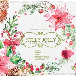Conjunto de clipart de Natal em aquarela | guirlandas | buquês | cartões | Coleção de clipart de férias | Arte de clipe de inverno | gráficos para casamento | convite