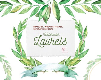 Watercolor Laurels | leaves | wreaths clipart | watercolour Laurels | hand painted | wedding graphics | invitations | frames | PNG | bouquet