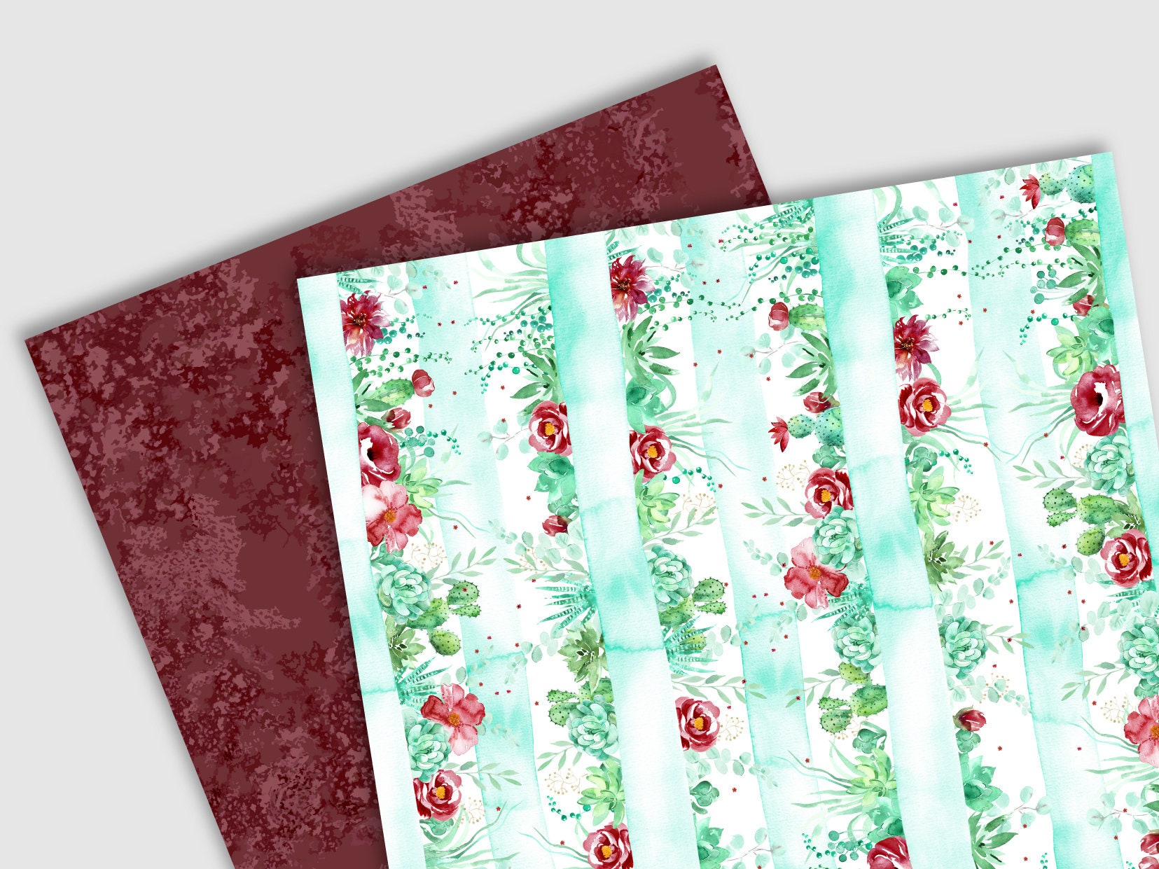 Watercolor Marsala Flowers and Mint Cactus Succulents Digital Paper ...