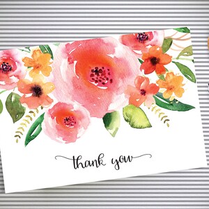 Carte de remerciement Roses aquarelle | Carte florale | Mariage | Merci Note | Téléchargement instantané | PDF imprimable | Douche | Calligraphie