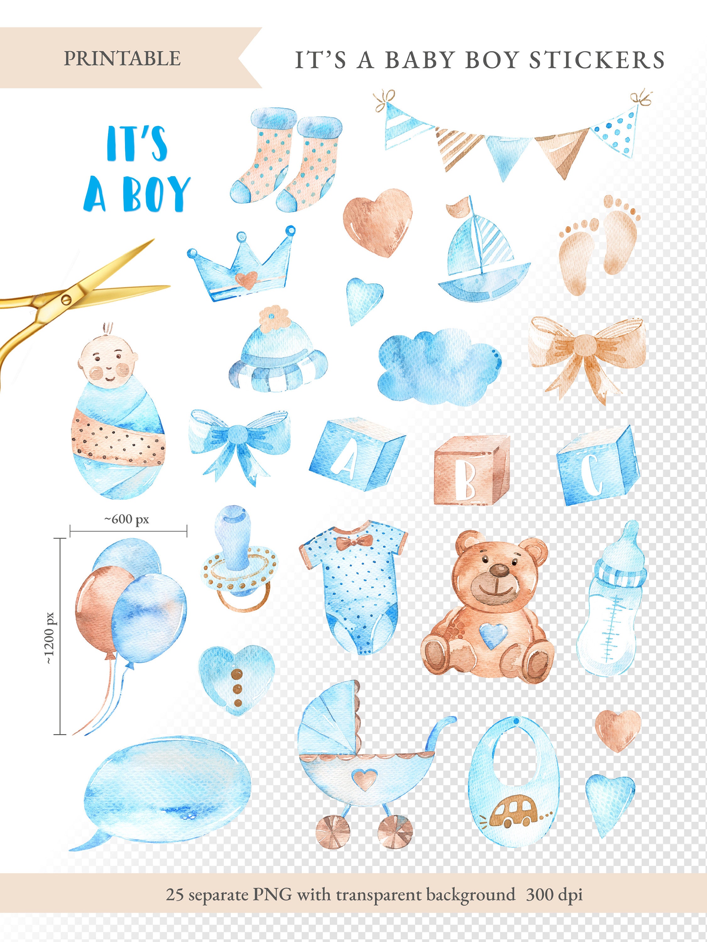 Baby Boy Stickers, New Baby Printable Bullet Journal Stickers, ITS A BOY  Png for Craft Projects, Scrapbooking 