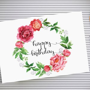 Cartão de feliz aniversario | floral da aguarela cartão comemorativo | Imprimível 3,5x5 | caligrafia | Coroa de peônias | Download instantâneo | cartão imprimível