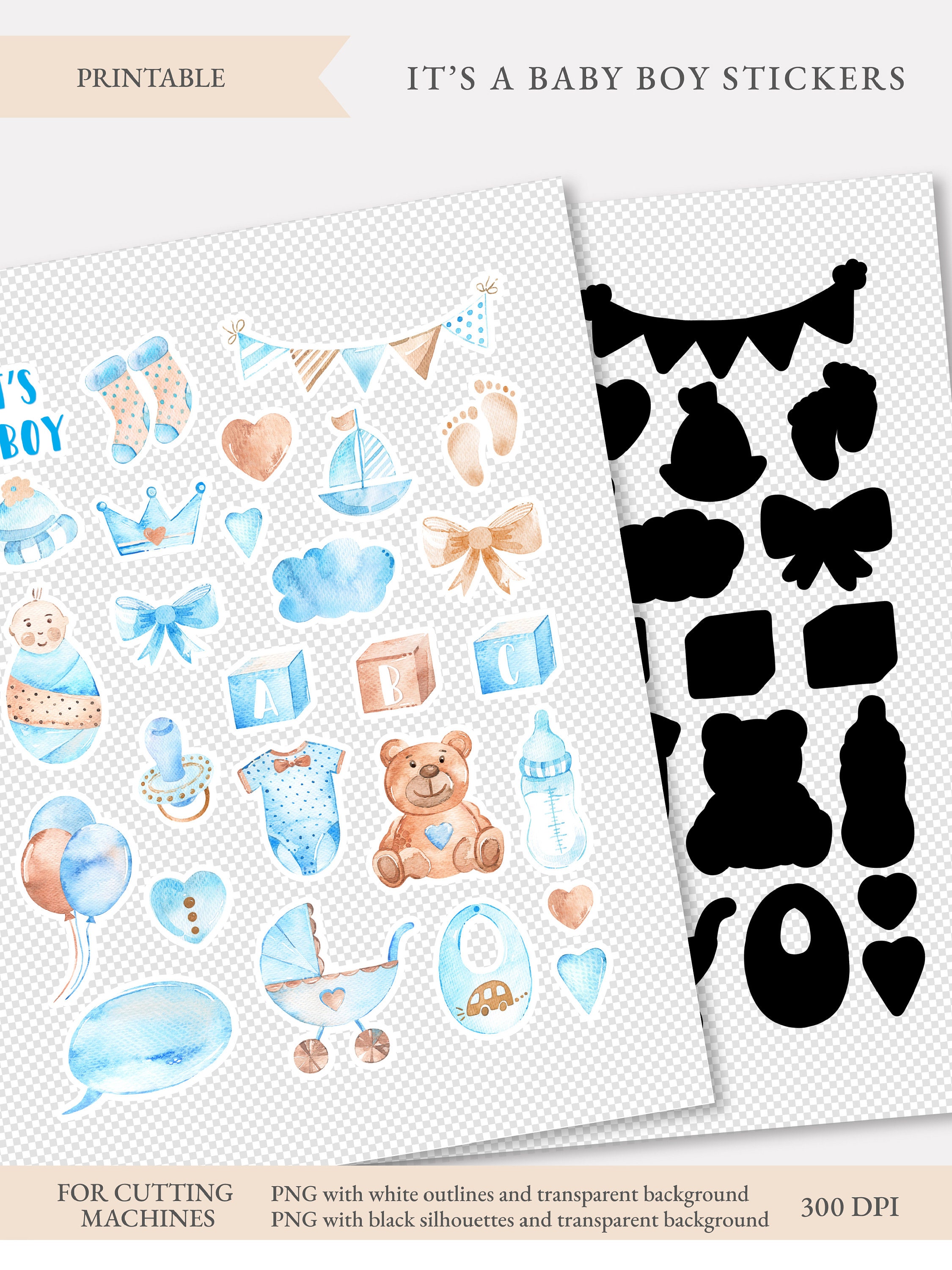 Baby Boy Stickers, New Baby Printable Bullet Journal Stickers, ITS A BOY  Png for Craft Projects, Scrapbooking 