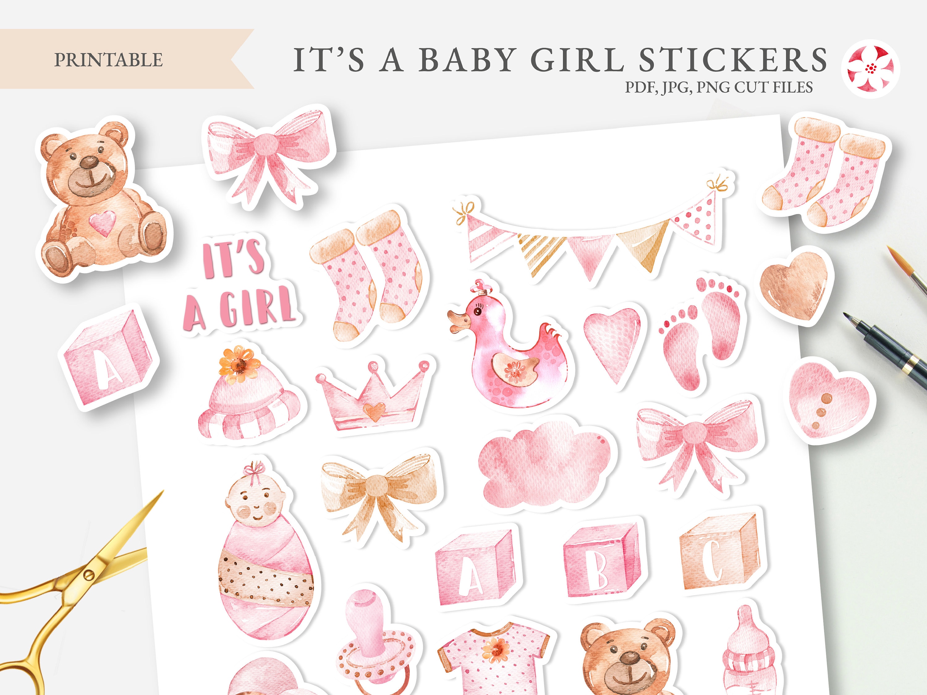 Baby Girl Stickers, New Baby Printable Bullet Journal Stickers