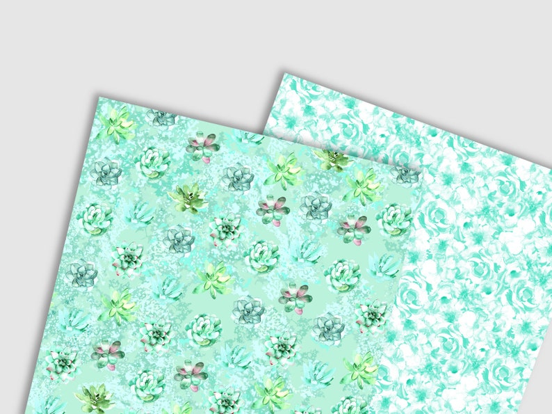 Watercolor Marsala Flowers and Mint Cactus Succulents Digital Paper ...