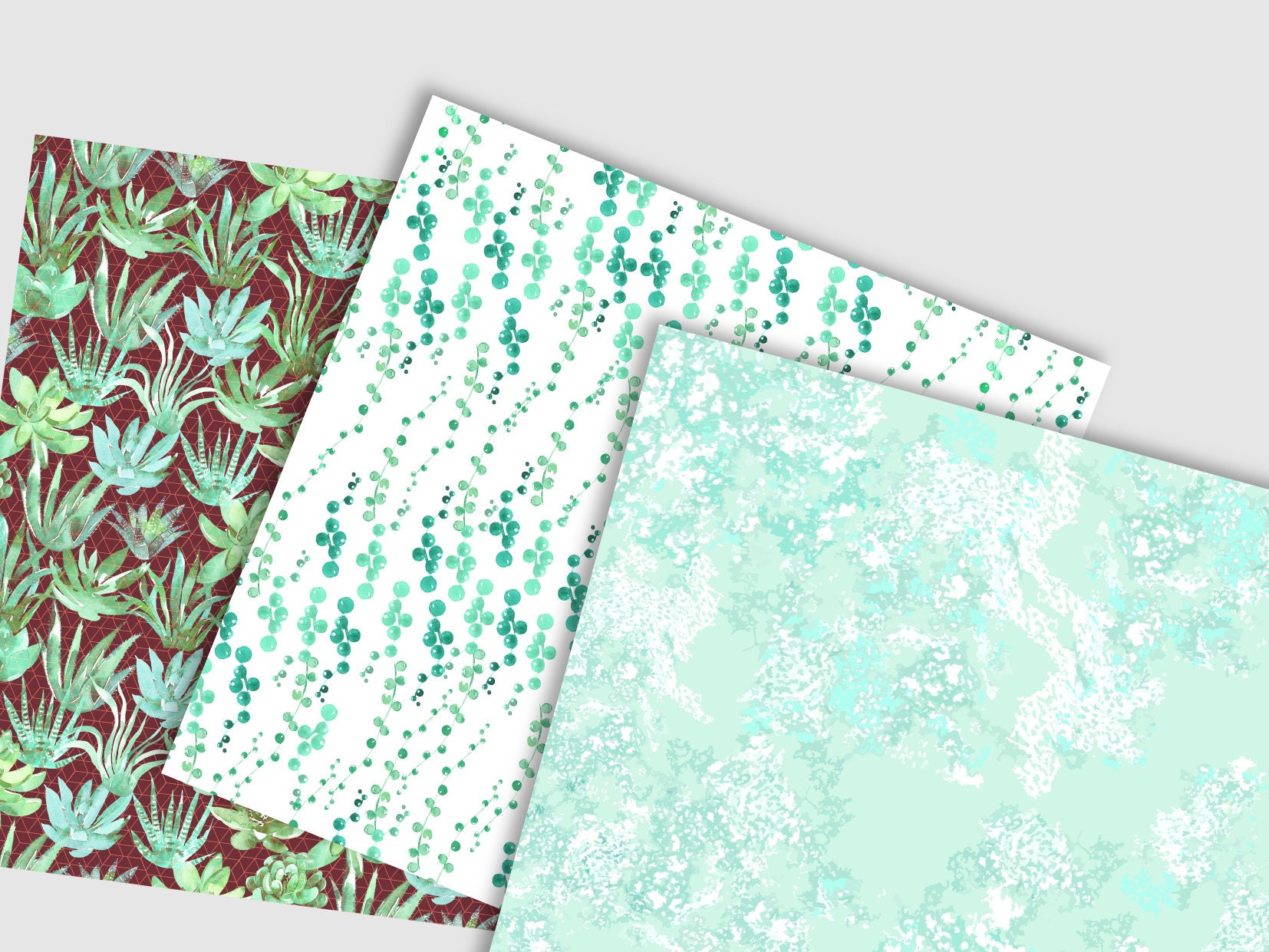 Watercolor Marsala Flowers and Mint Cactus Succulents Digital Paper ...