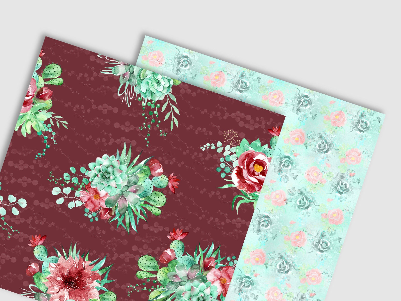 Watercolor Marsala Flowers and Mint Cactus Succulents Digital Paper ...
