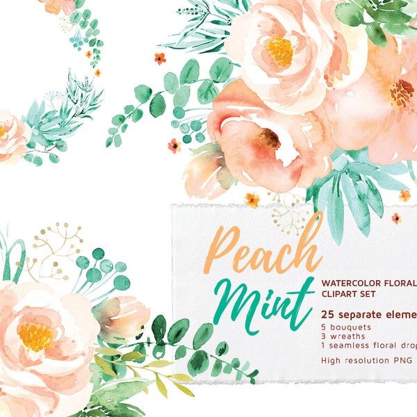 Peach Mint Floral Clipart Set | Watercolor Flowers Clip Art | Millennial Pink Emerald Green | Desert wedding | Succulent invitation | Rose