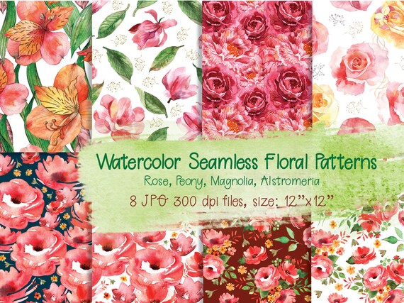 Floral Flowers patterns Digital Paper Seamless Patterns Pink roses Pack of sheets Watercolor painting Scrapbooking background