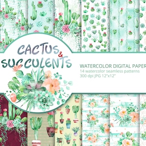 Watercolor Cactus Succulents Digital Paper Pack / Flowers Seamless Patterns / Repeatable Instant Download / Cactus Scrapbooking / Wallpaper