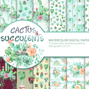 Watercolor Cactus Succulents Digital Paper Pack | Flowers Seamless Patterns | Repeatable Instant Download | Cactus Scrapbooking | Wallpaper