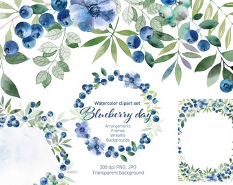 Watercolour Blueberries frames, arrangements, wreaths | berries clipart set | digital | instant download | invitation | label | wedding