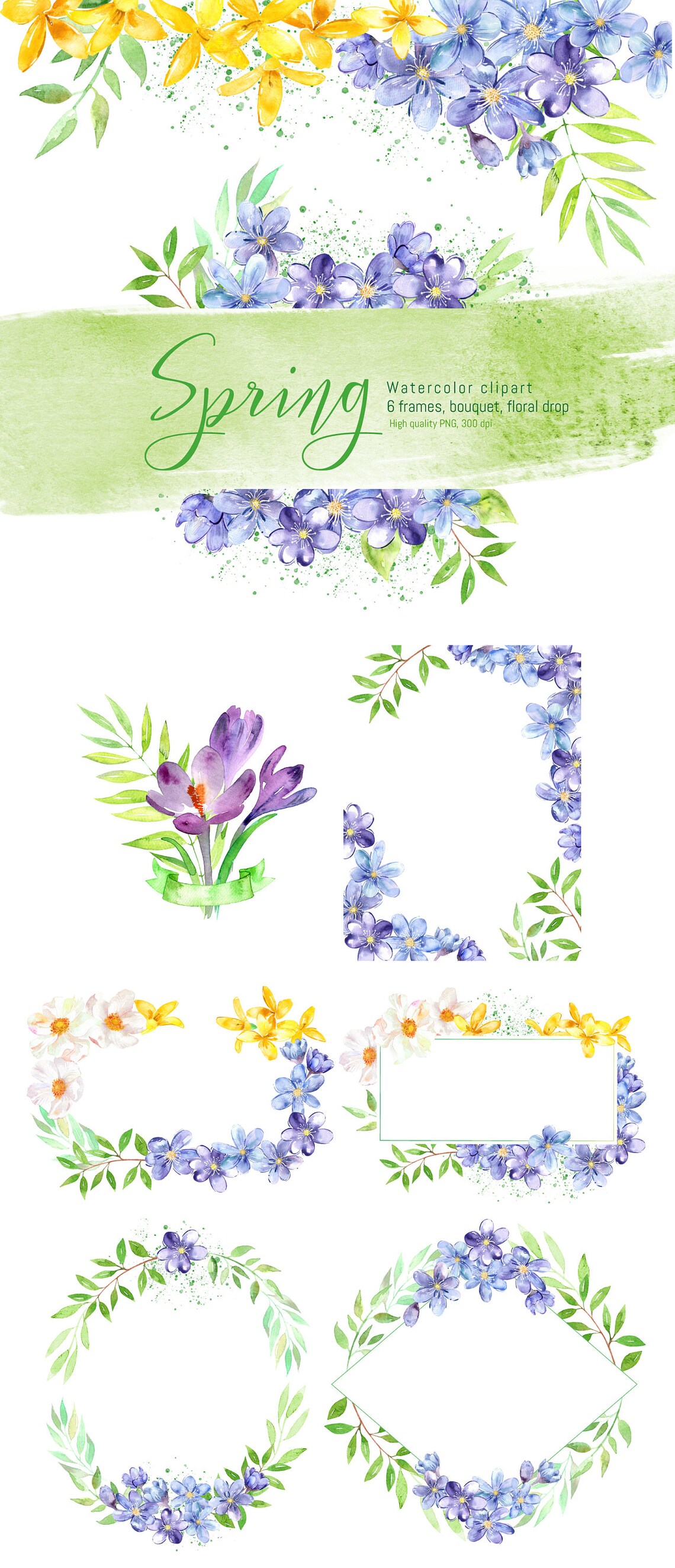 Spring Frame Drawing Watercolor SPRING Frames Clipart Spring Flowers Frames Set | Etsy