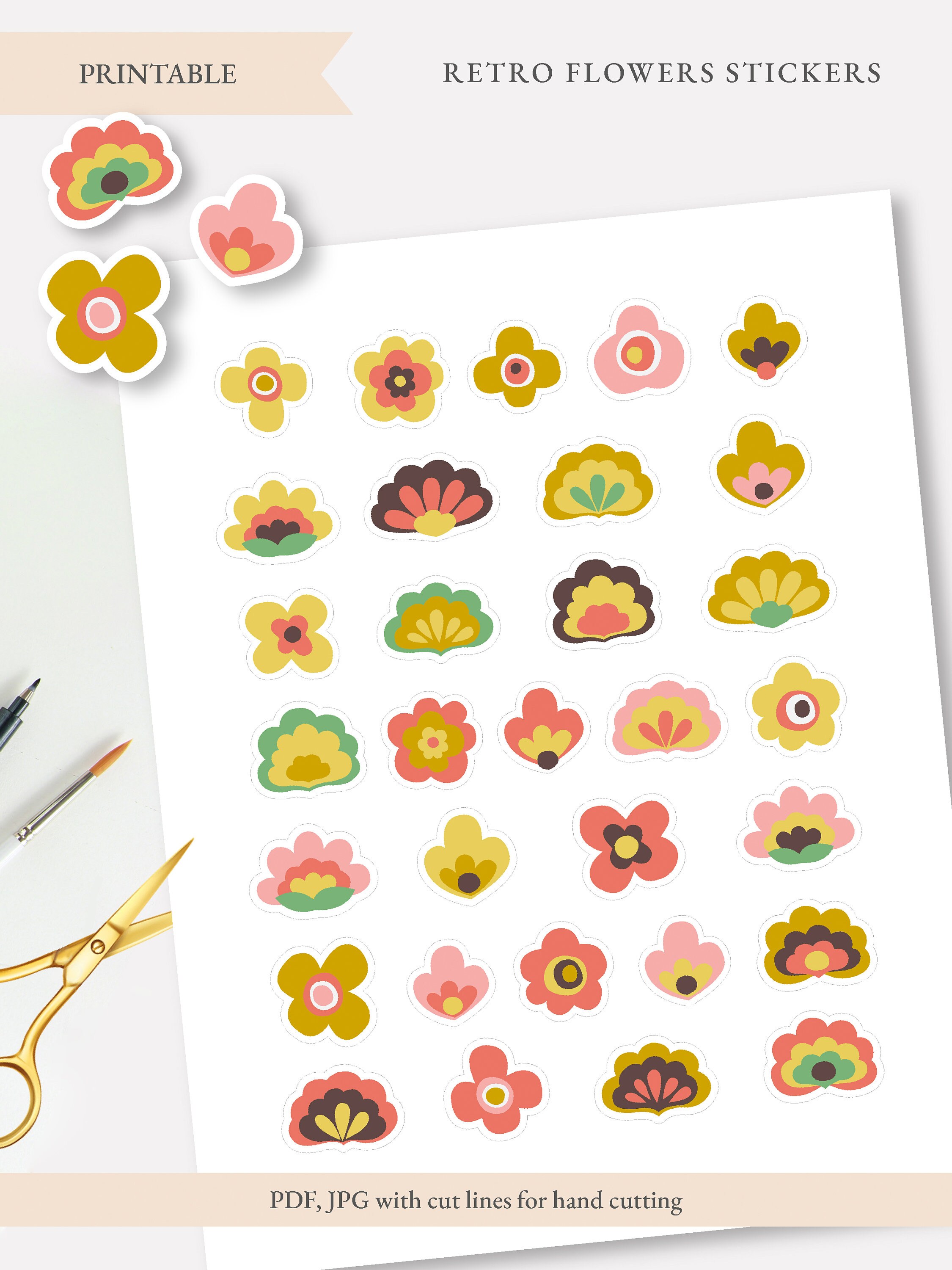 Retro Flowers Stickers, Vintage Printable Bullet Journal Stickers ...