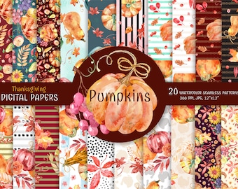 SEAMLESS Watercolor Thanksgiving Digital Paper Pack | Pumpkin Watercolour scrapbook paper | Autumn Backgrounds | Fall