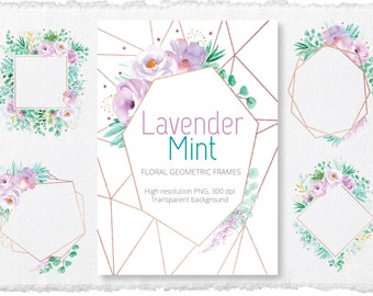 Mint Lavender Floral Geometric Frames, Instant download, Premade clipart, Wedding invitation, polygonal, crystal frames png, rose gold png