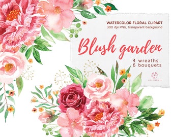 Watercolor Pastel Flowers Clipart | Watercolour Pink Flowers bouquets & wreaths | Floral | Hand Painted Wedding graphics | signs | blush