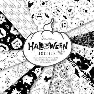 Carte digitali di Halloween, Pumpkin Skulls Black & White Digital Paper Pack, Doodle seamless Pattern, Scrapbook Paper, Boo wallpaper