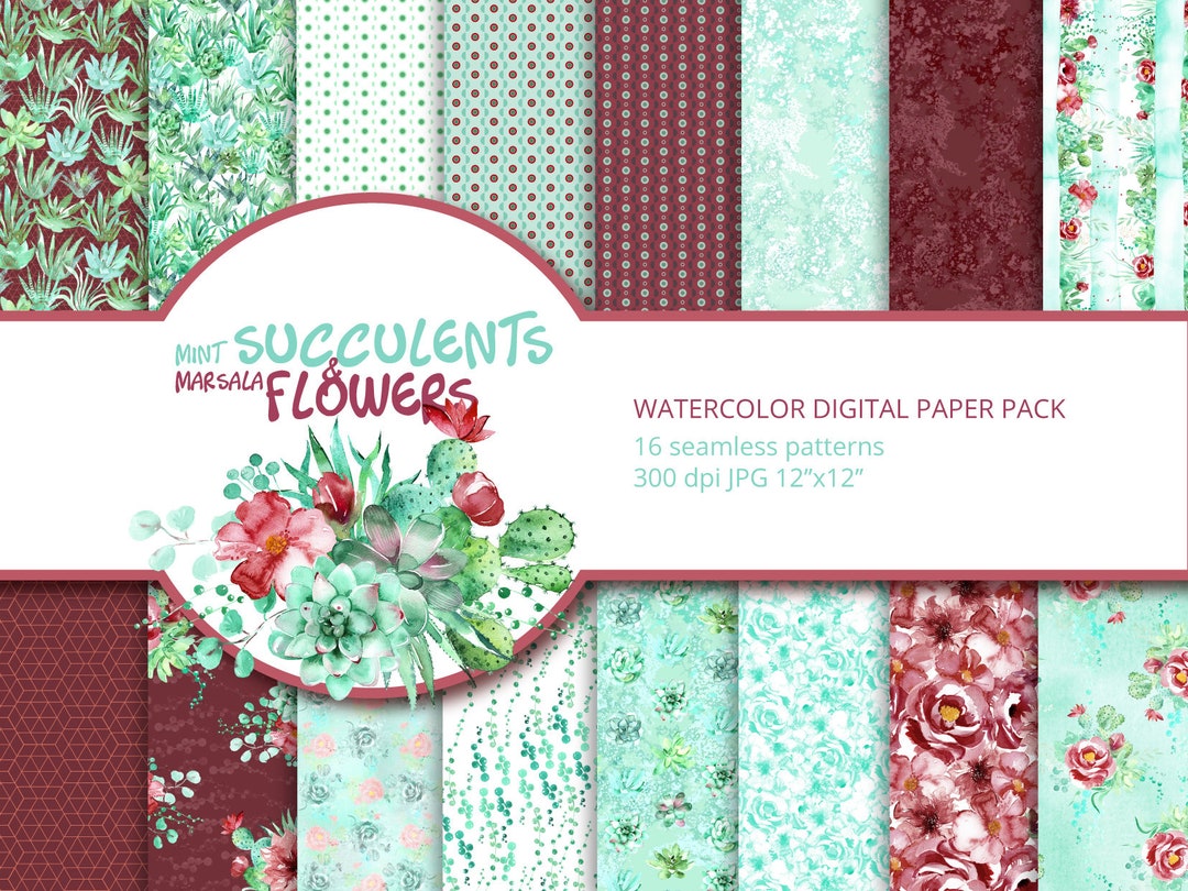 Watercolor Marsala Flowers and Mint Cactus Succulents Digital Paper ...