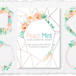 Marcos geométricos florales de menta durazno / Clipart prefabricado / Invitación de boda esmeralda rosa / desierto / marcos poligonales / cristales / oro rosa
