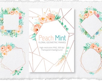 Peach Mint Floral Geometric Frames | Premade clipart | Pink Emerald wedding invitation | desert | polygonal | crystal frames | rose gold
