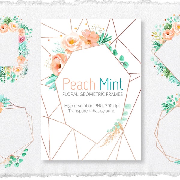 Peach Mint Floral Geometric Frames | Premade clipart | Pink Emerald wedding invitation | desert | polygonal | crystal frames | rose gold