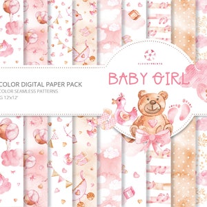 Carte digitali bambina / Modello senza cuciture acquerello / Illustrazione disegnata a mano / Vivaio doccia / Sfondo Orsacchiotto / Scrapbook