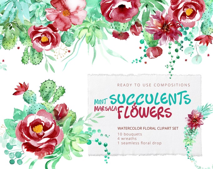 Marsala Mint Green Succulent Clipart Set | Watercolor Burgundy Flowers ...
