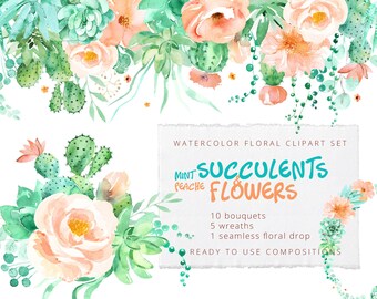 Mint Peach Succulent Clipart Set | Watercolor Soft Pink Flowers | Cactus Clip Art | Desert wedding graphics |  invitations | Pastel Roses