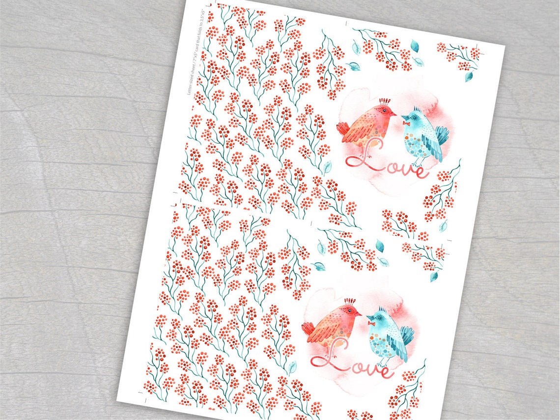 Valentines Card Printable Love Birds Valentines Day Greeting - Etsy