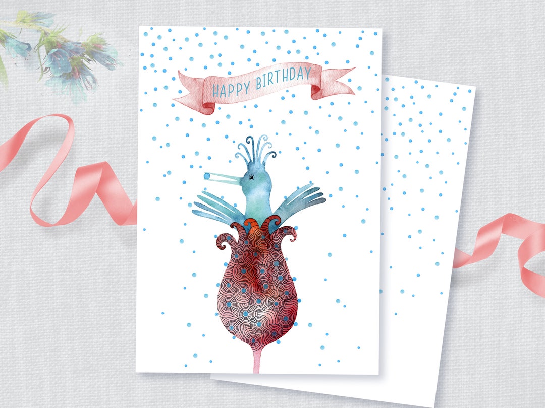 Happy Birthday Card, Watercolor Birthday Card With Bird and Flower ...
