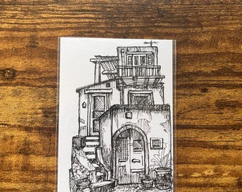 Original ACEO-Kunst – Das kleine Hofhaus | Tiny Streets Nr. 3 | Handgezeichnete Tuschezeichnung | Verspielte Architekturkunst