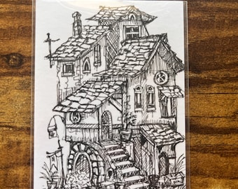 Original ACEO-Kunst – Das Haus der vielen Dächer | Winzige Straßen Nr. 2 | Handgezeichnete Tuscheillustration | Verspielte Architekturkunst